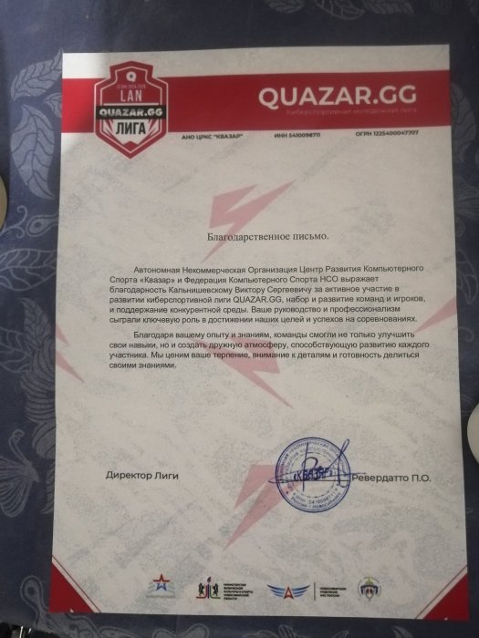 Благодарность за вклад в развитие киберспорта